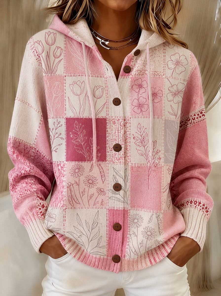 Women's Breast Cancer Awareness Pink Floral Patchwork Printed Cardigan