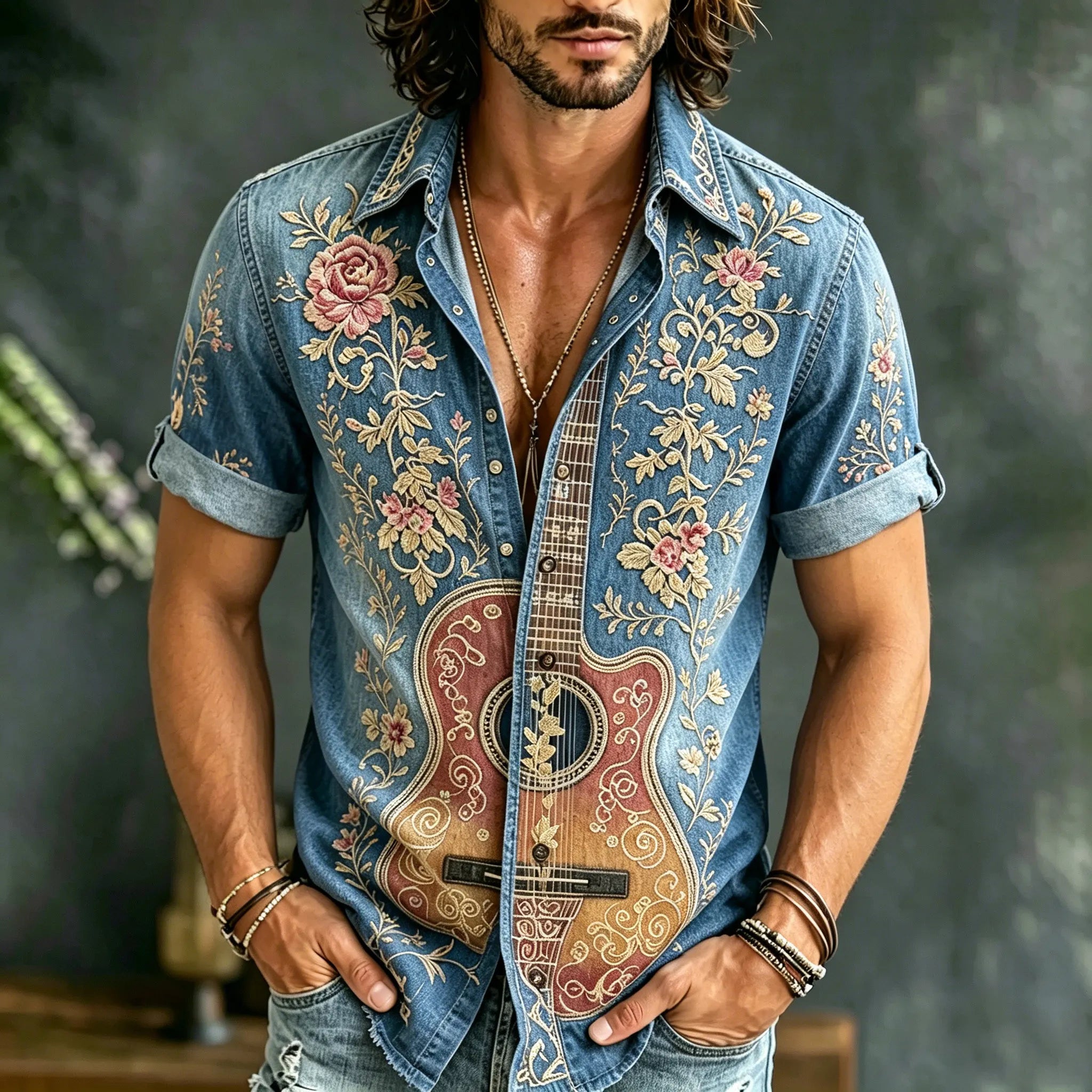 Men's Retro Bohemian Hippie Floral With Guitar Embroidery Patterns Short-sleeve Shirt