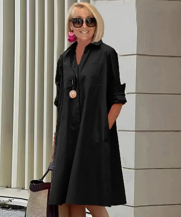 Spring-Summer New Type Fashion Temperament Shirt Collar Long Sleeve Pocket Mid-Length Dress