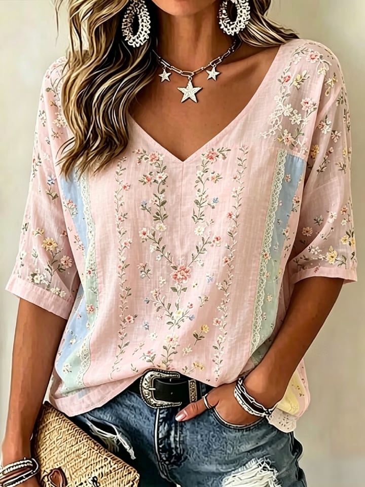 Women's Casual Retro Floral-Print Breast Cancer Awareness T-Shirt