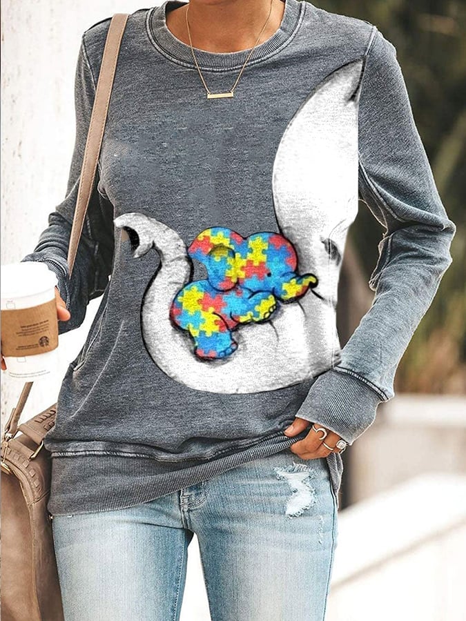 Women'S Autism Elephant And Baby Elephant Print Long Sleeve Sweatshirt