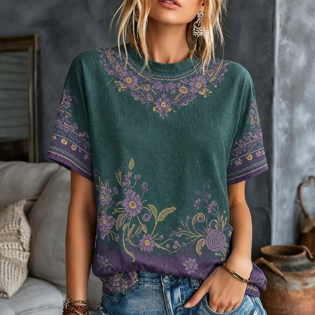 Women's Retro Floral Art Embroidery Cotton Linen Casual Round Neck T-shirt