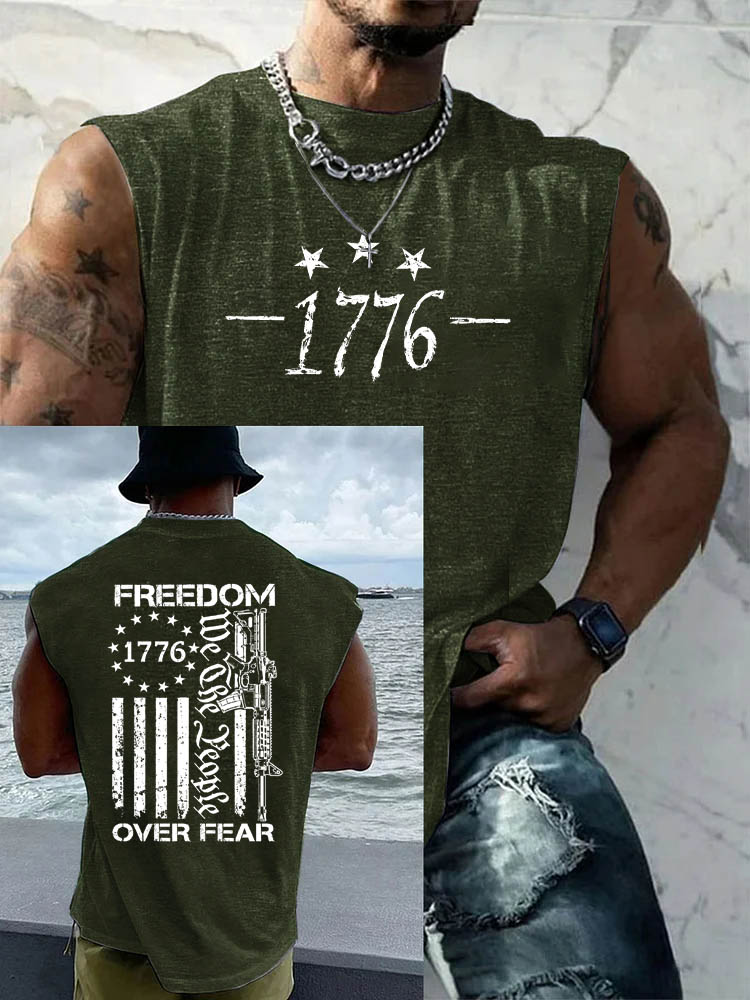 1776 Freedom Over Fear Pattern Round Neck 100% Cotton Tank Top