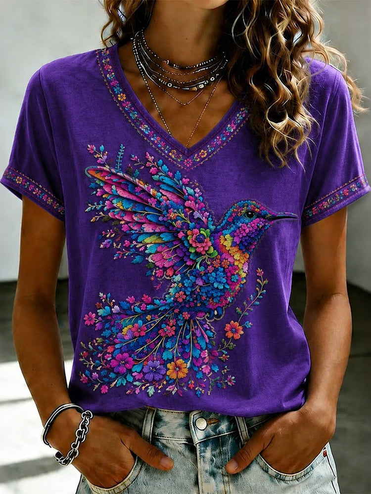 Women's Purple Floral And Bird Art Print V-neck T-shirt