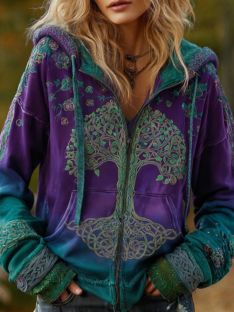 Women's Vintage Viking Tree Of Life Cozy Warm Zip Hoodie Cardigan