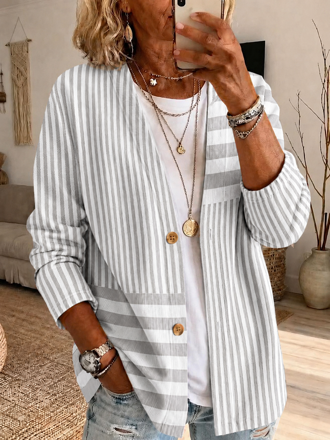 Women'S Pink Art Print Casual Cardigan