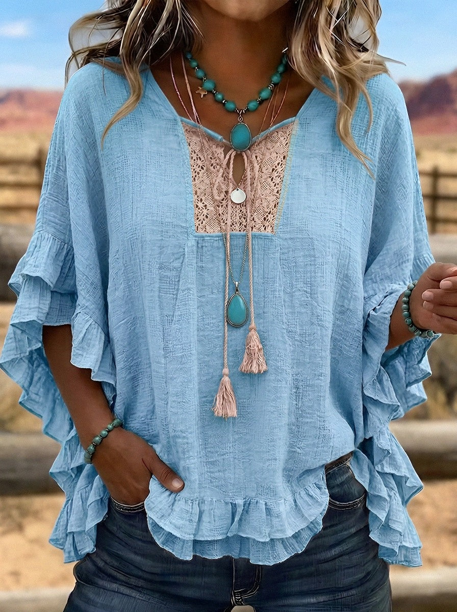 Women's Western Vintage Boho Lace Trim Ruffle Sleeve Printed Top