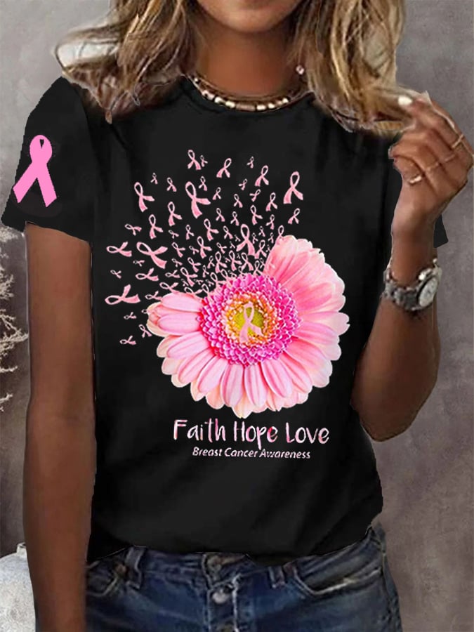 Women's Pink Sunflower Faith Hope Love Breast Cancer Awareness Warrior Tee