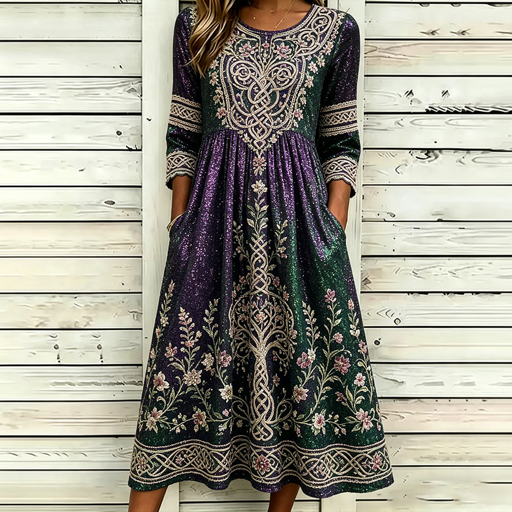 Women's Viking Tree Of Life And Celtic Knot Color Block Sequin Washed Casual Long Sleeve Dress