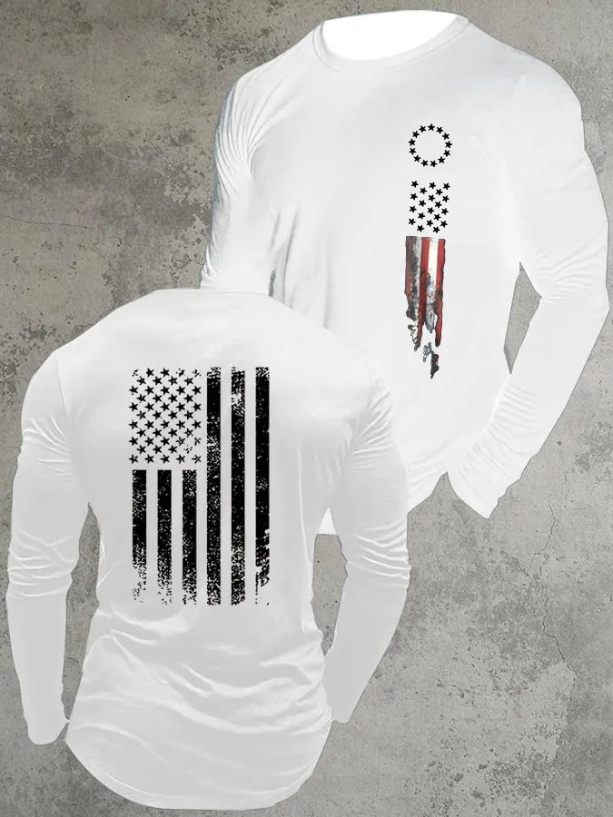 America Flag Pattern Long Sleeve 100% Cotton T-Shirt