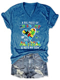 V-neck Retro A Big Piece Of My Heart Has Autism And He's My Son Print T-Shirt