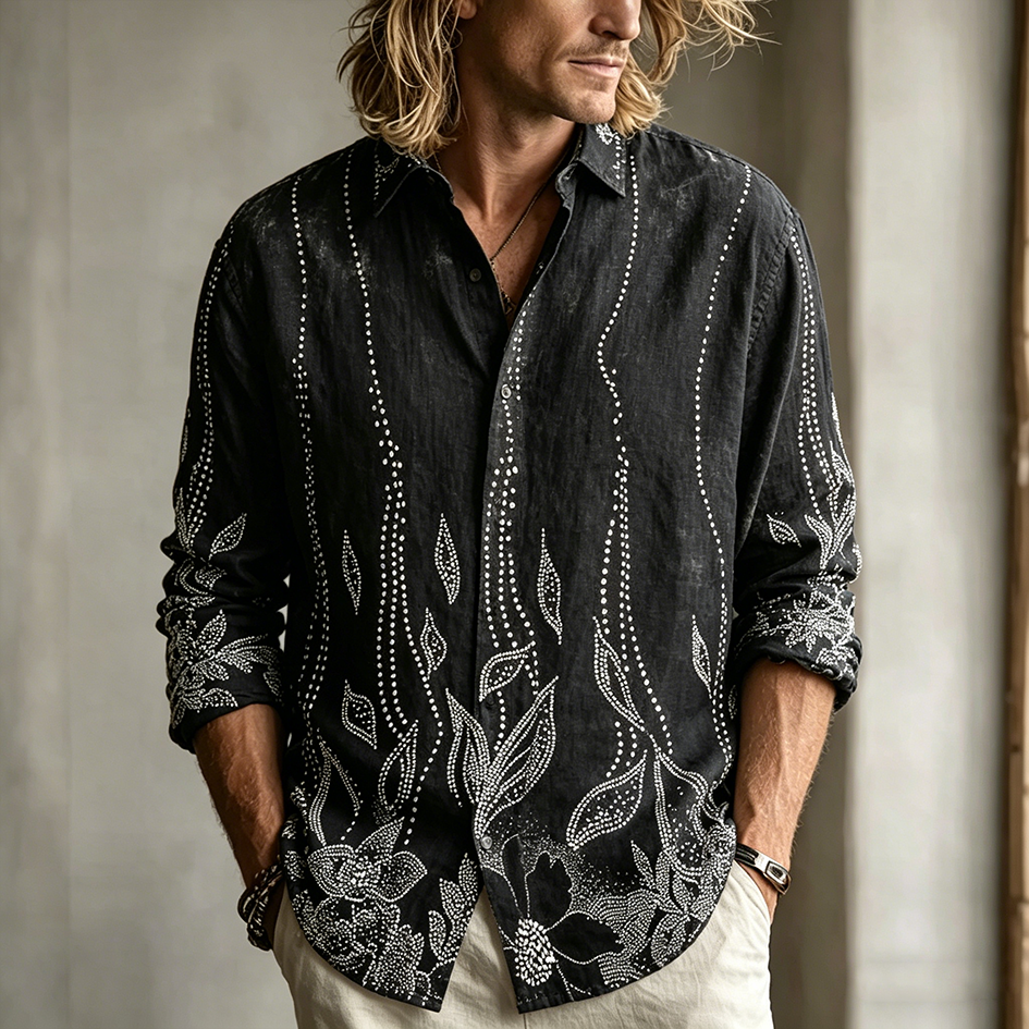 Men's Retro Plant Pattern Design Casual Linen Shirt