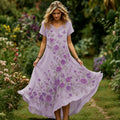 Women's Vintage Flowers And Butterflies Embroidered Art V-neck Flowy Maxi Dress