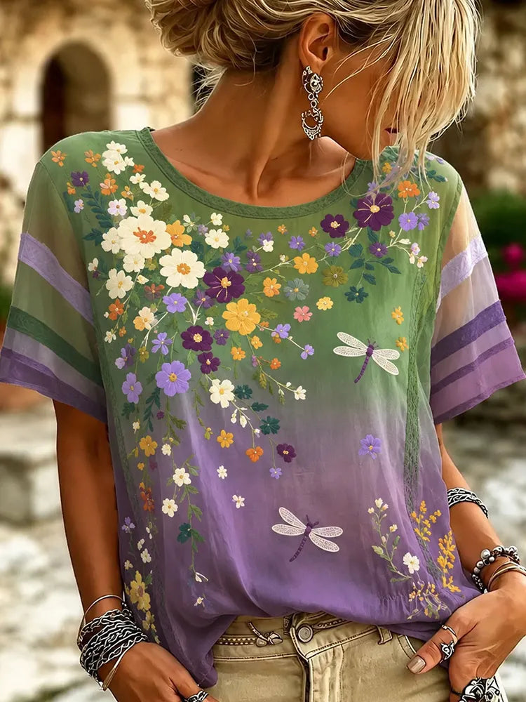 Women's Colorful Patchwork Big-eyed Black Cat And Floral Print Short Sleeve T-shirt