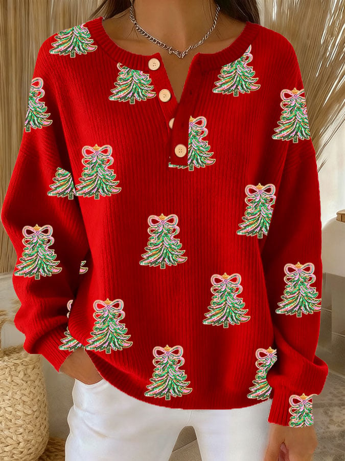 Women's Christmas Print Knit Button Top