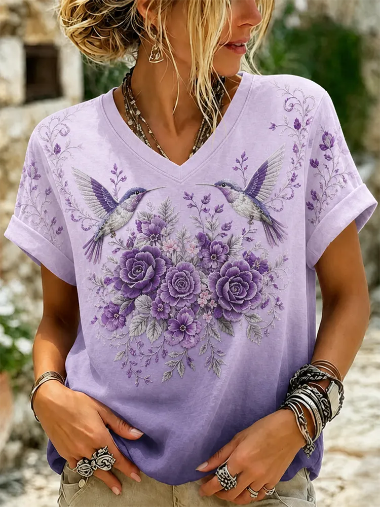 Women's Retro Vacation Floral Hummingbird Print V-neck Cotton Linen Short-sleeve T-shirt