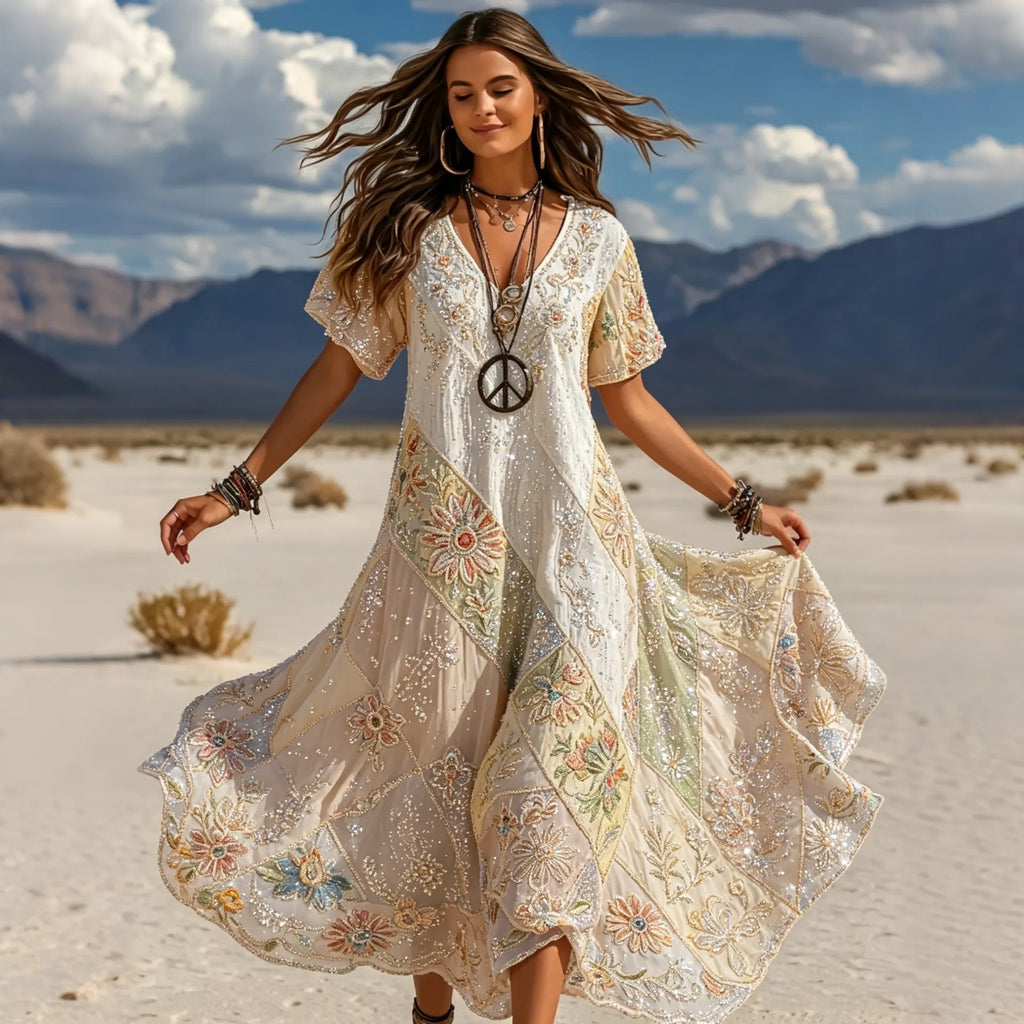Women's Retro Hippie Floral Print Color Block Cotton Linen Dress