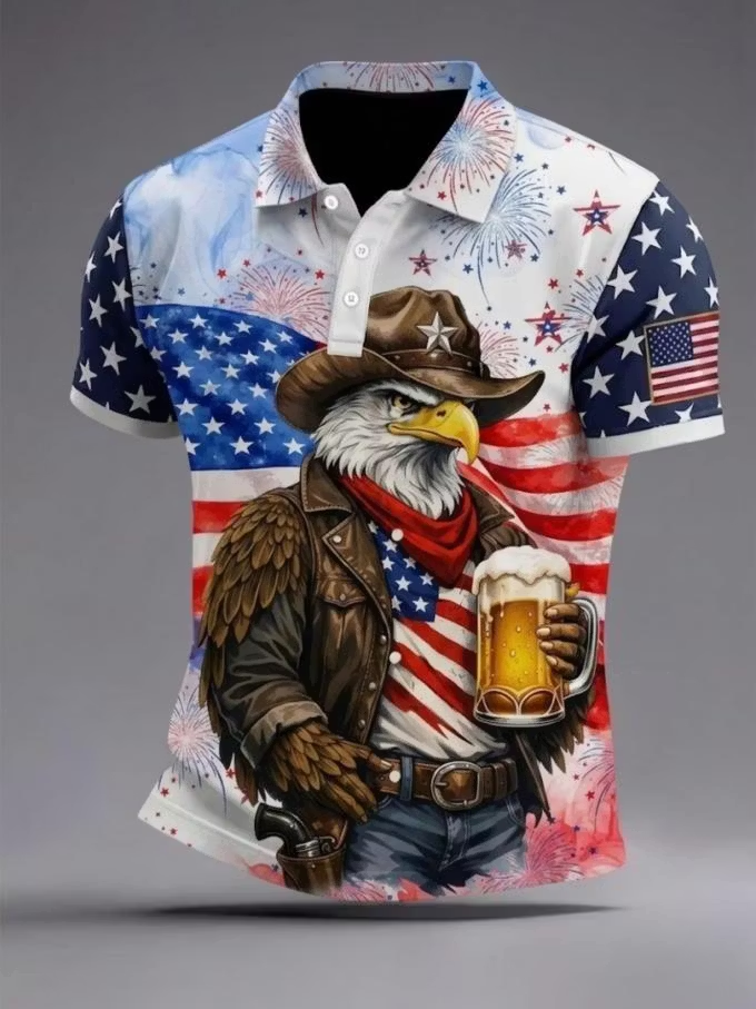 Men's American Independence Day 250th Anniversary Cowboy Eagle Beer Memorial Short Sleeve Shirt