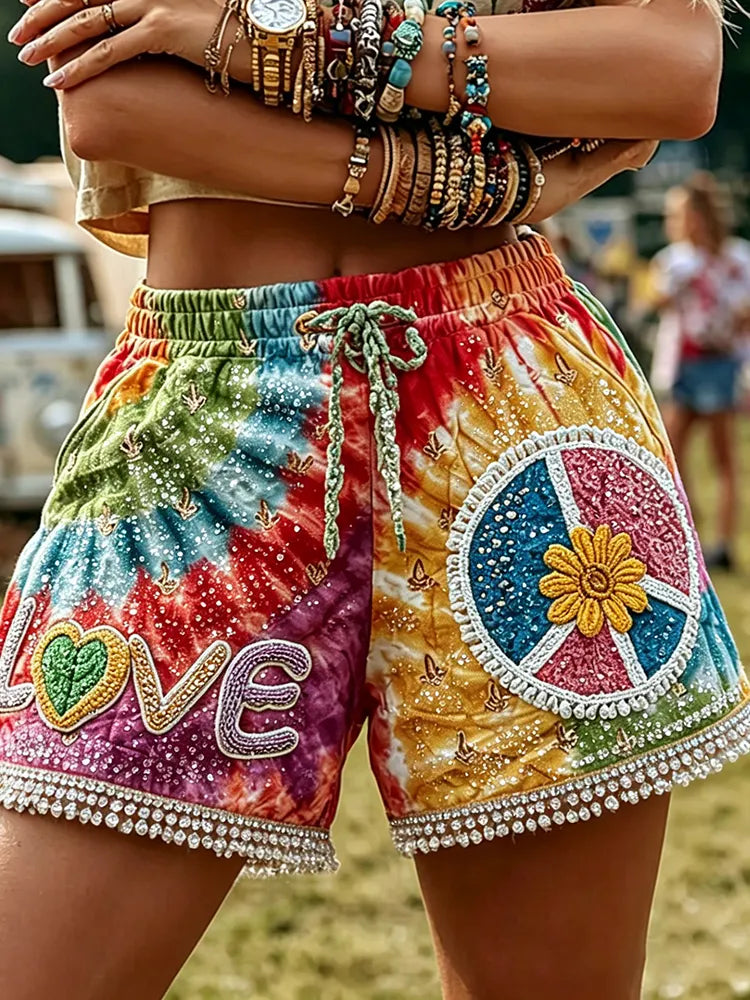 Women's Retro Hippie Tie-dye Love Peace Floral Pattern Art Embroidered  Linen Blend Shorts