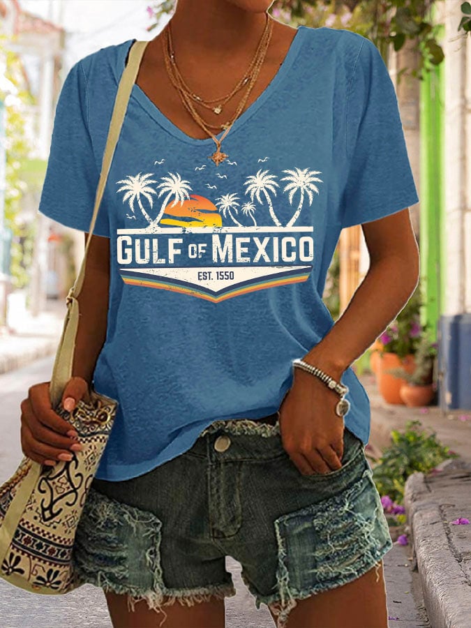 Women's Gulf Of Mexico Print V Neck Casual T-Shirt