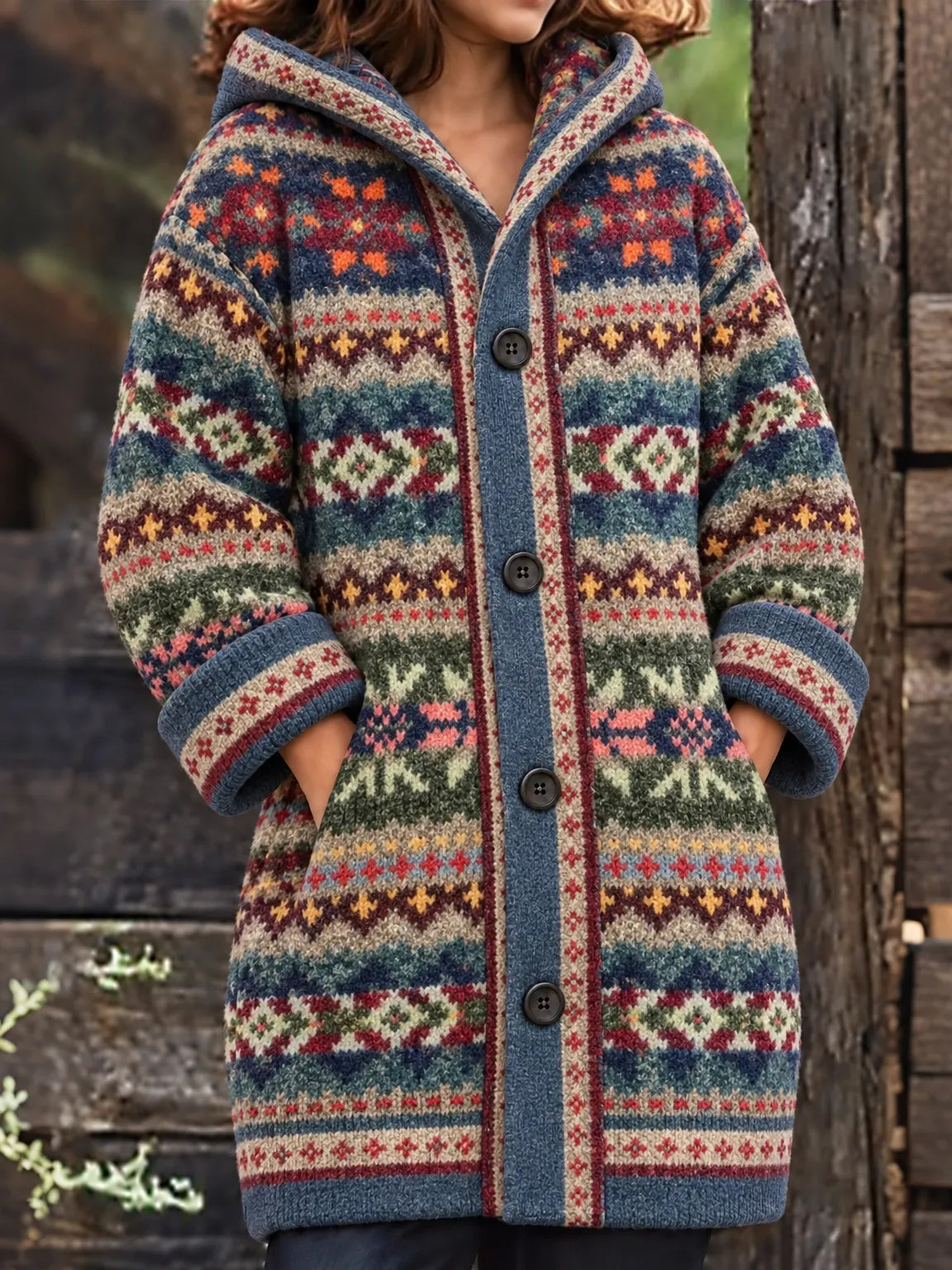 Women's Bohemia Geometric Stripe Jacquard Thermal Hooded Cardigan