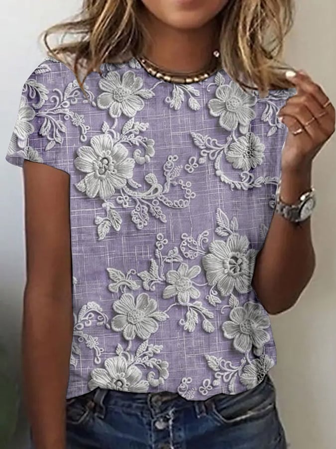 Women's floral lace embroidered print T-shirt