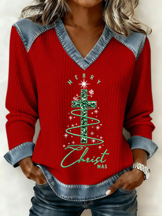 Women's Christmas Cross Print Waffle Casual Patchwork Denim Sweatshirt