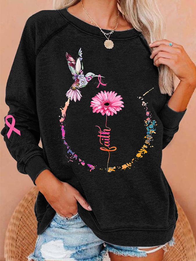 Women's Breast Cancer Awareness Faith Hummingbird Ribbon Sweatshirt