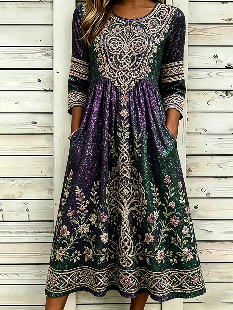 Women's Viking Tree Of Life And Celtic Knot Color Block Sequin Washed Casual Long Sleeve Dress