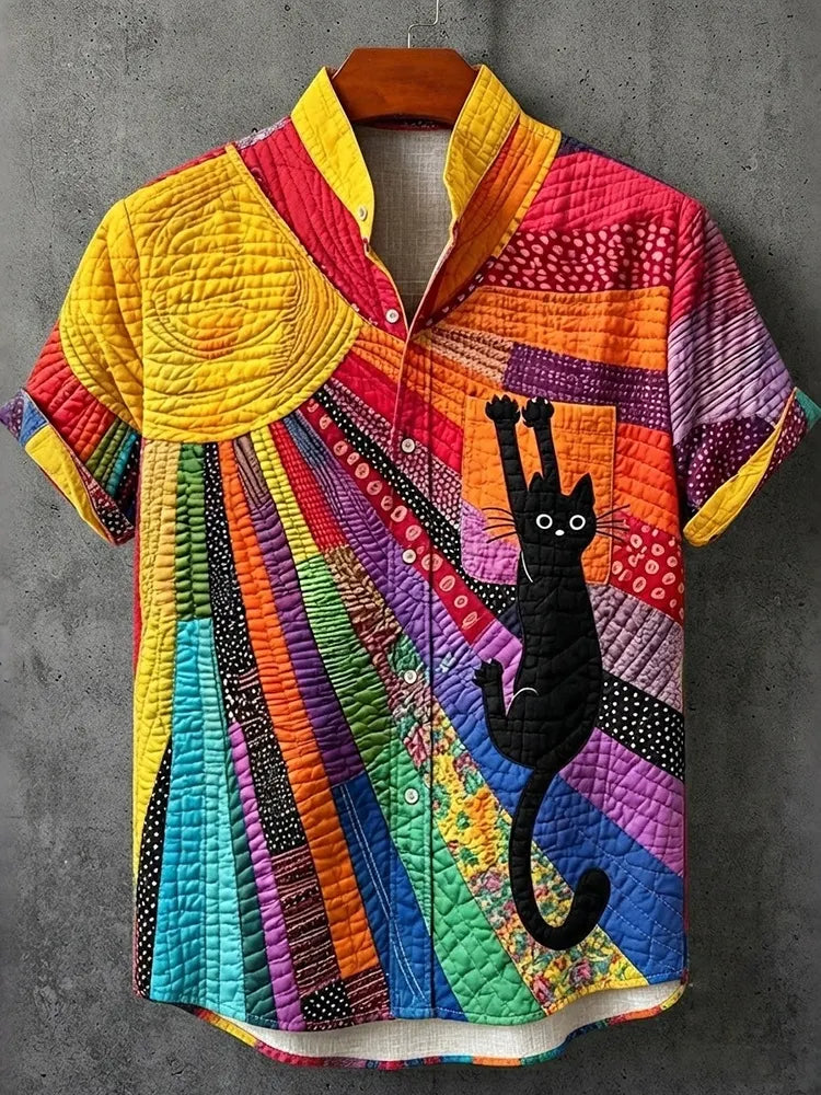 Men's Vintage Black Cat Samurai Ink Rainbow Printing Flowy Linen Blend Casual Shirt