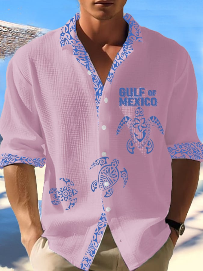 Men's Gulf Of Mexico Turtle Print Vacation Waffle Shirt