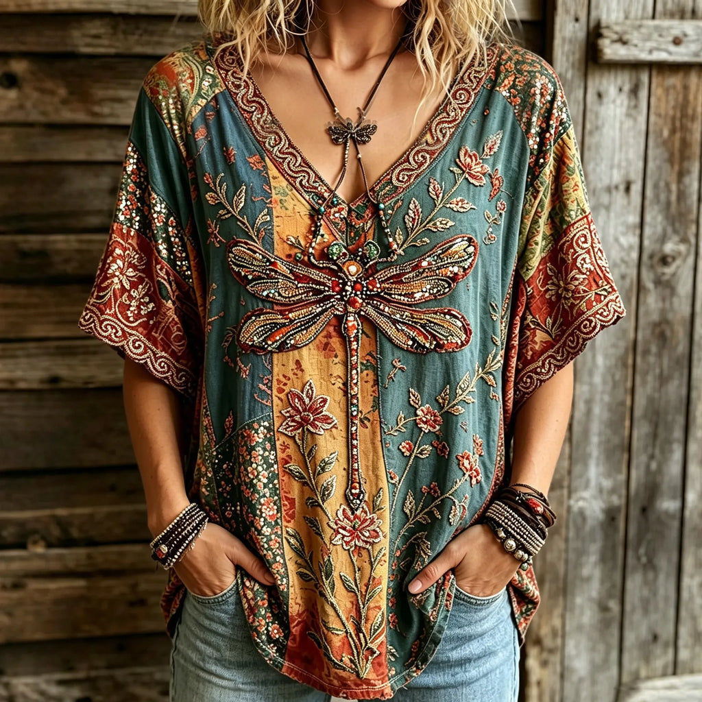 Women's Retro Bohemian Hippie Style Dragonfly And Floral Embroidered V-neck Top