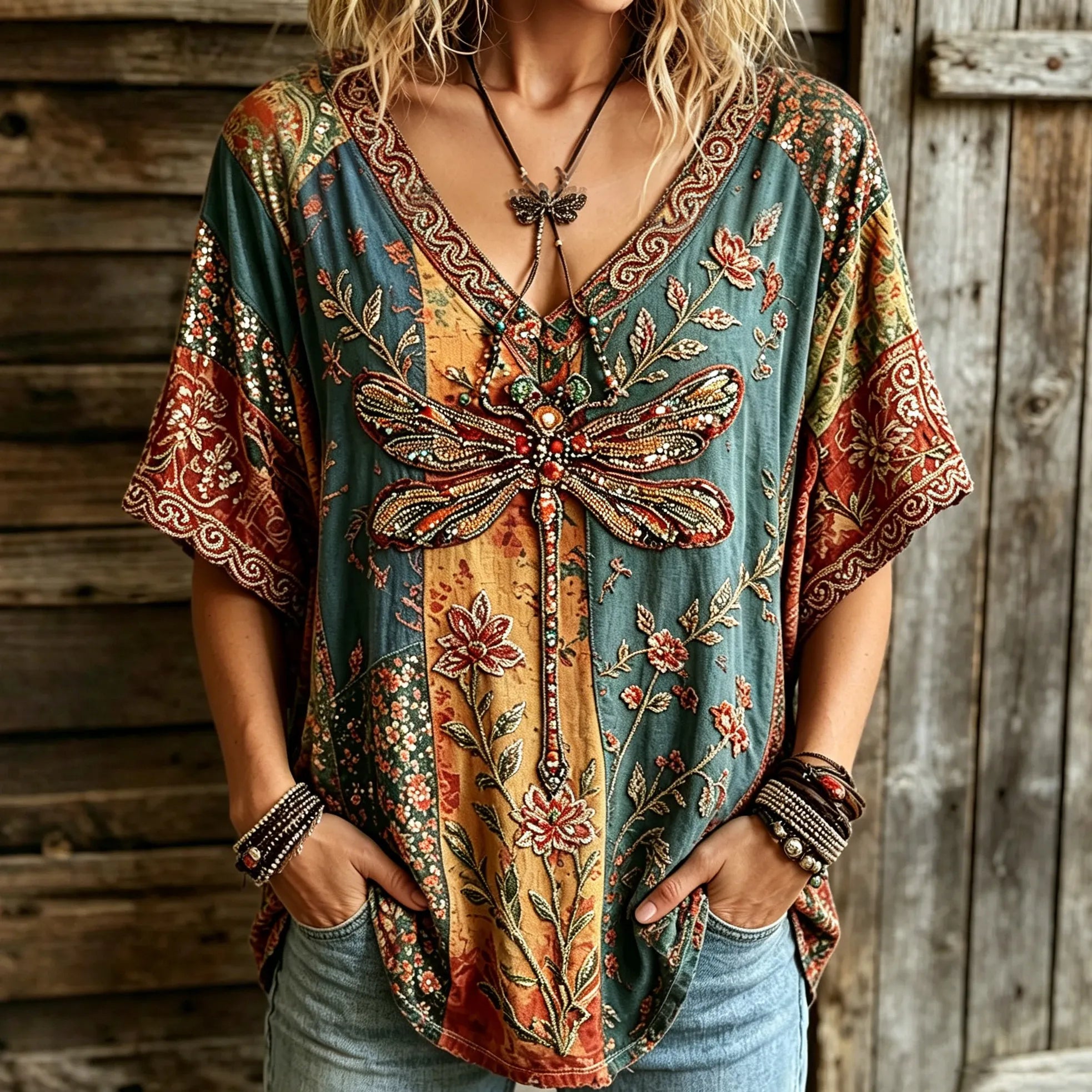 Women's Retro Bohemian Hippie Style Dragonfly And Floral Embroidered V-neck Top