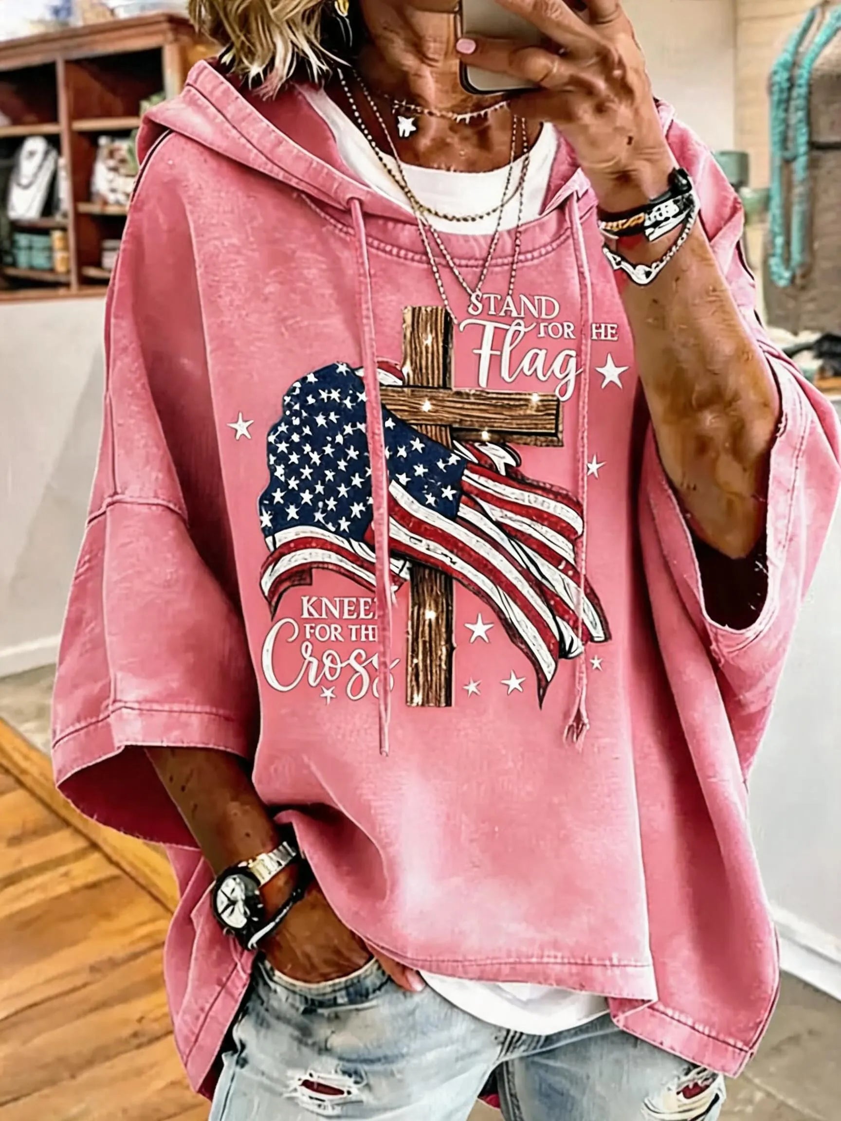 Women's Independence Day Faith Flag Print Oversized Hoodie