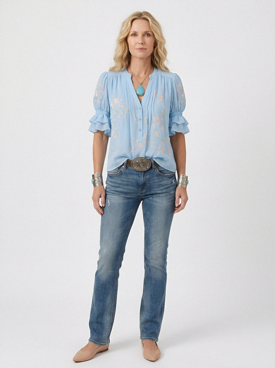 Women's Western Vintage Floral Embroidered Ruffle Sleeve Blouse