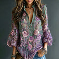 Women's Vintage Classy Purple Floral Art Flowy Linen Blend T-shirt