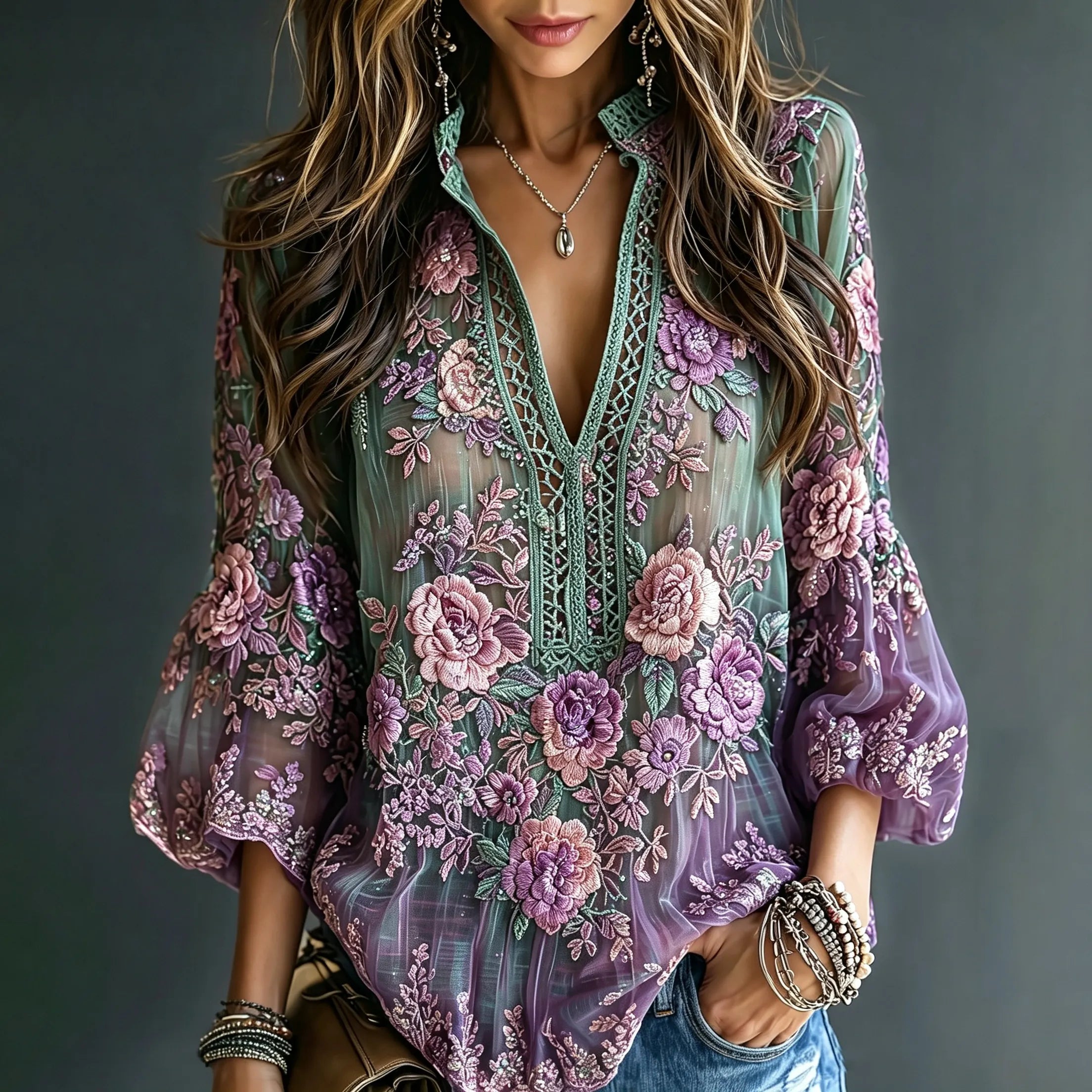 Women's Vintage Classy Purple Floral Art Flowy Linen Blend T-shirt