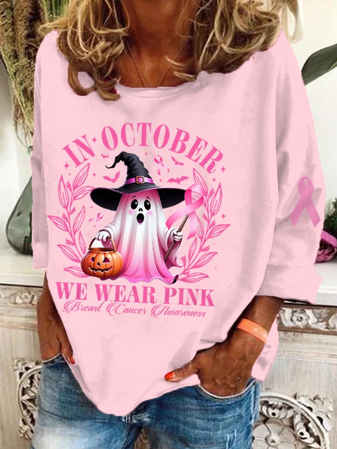 Women's In October We Wear Pink Halloween Ghost Breast Cancer Awareness Warrior Top