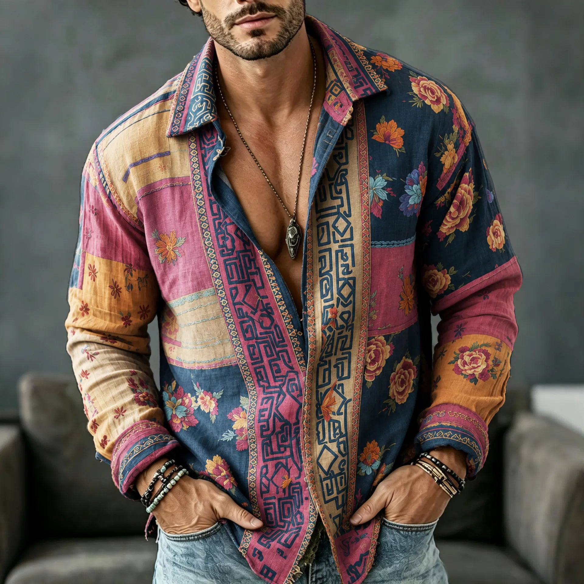 Men's Vintage Floral  Patchwork Embroidered Art Print Flowy Linen Blend Casual Shirt