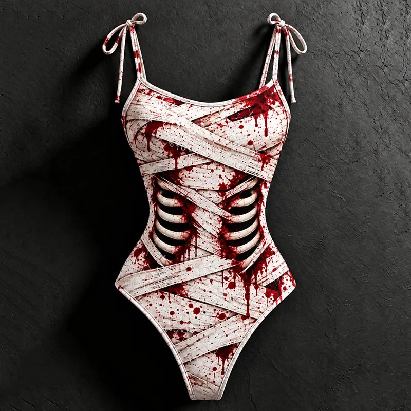 Women's Halloween Bloodstain Lace-up Skeleton Print Hoodie Set