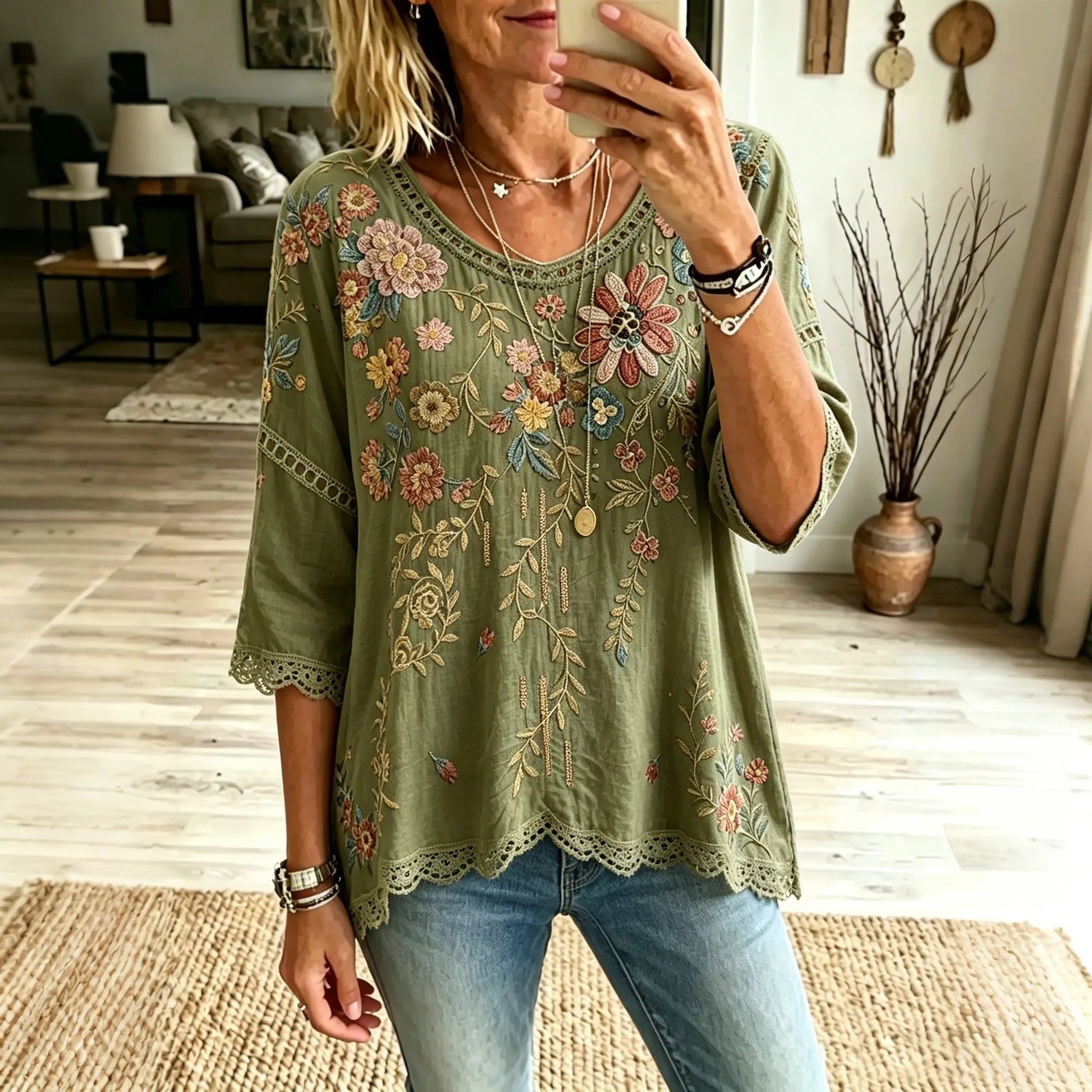 Women's Floral Design Short-sleeved Linen T-shirt