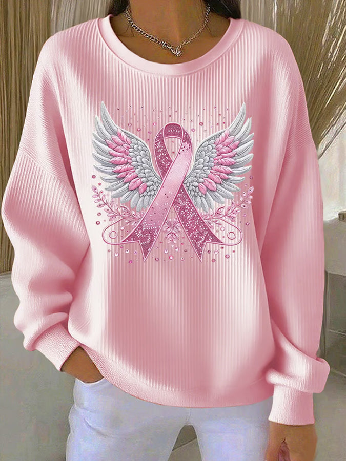 Women'S Pink Ribbon Print Casual Sweatshirt