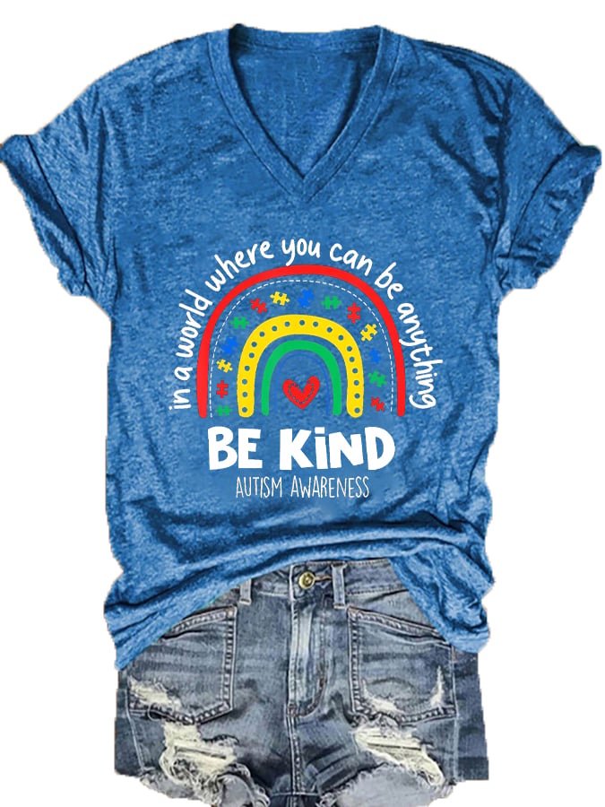 Women's Autism Awareness Rainbow Print V-Neck T-Shirt