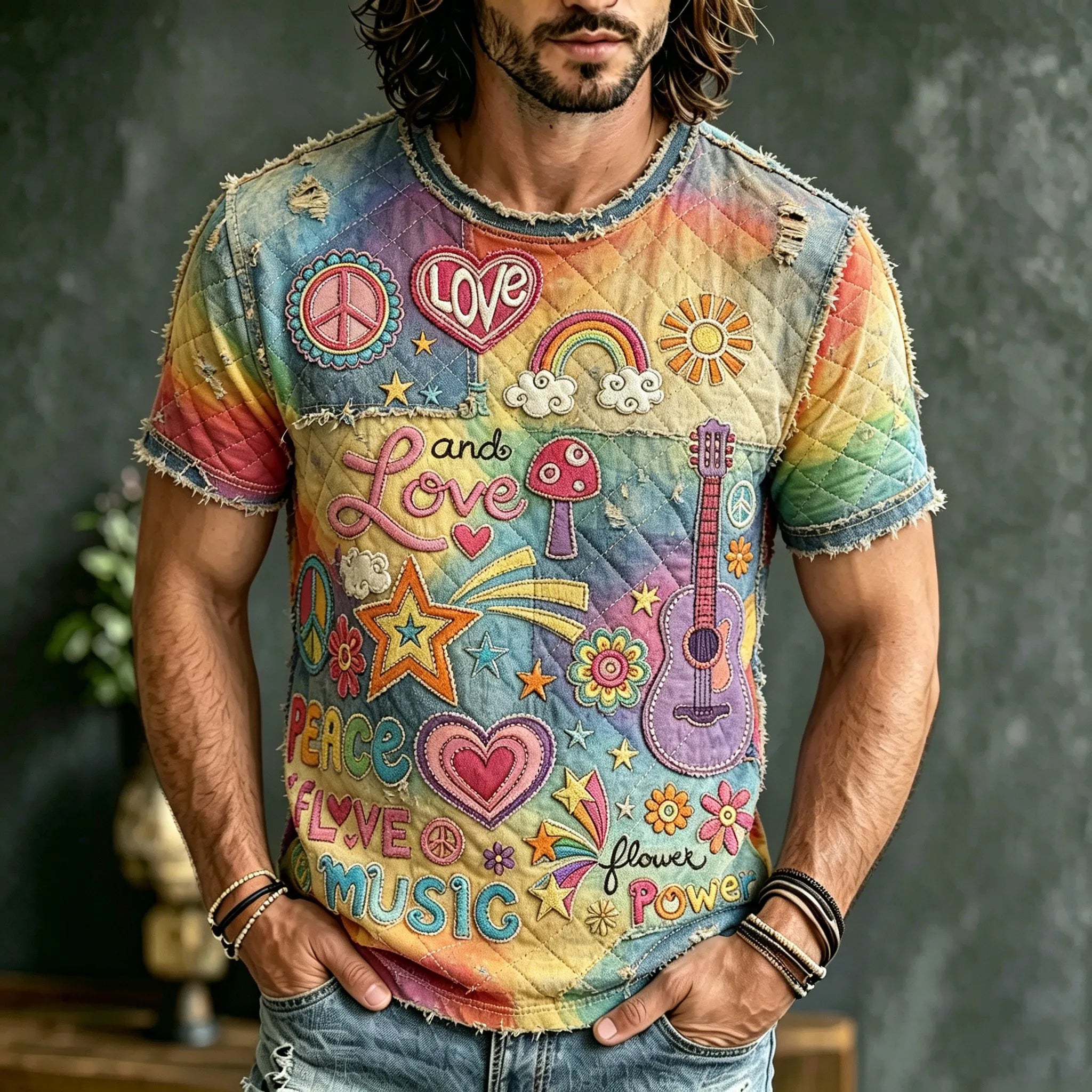 Men's Retro Hippie Style Embroidered Print T-shirt