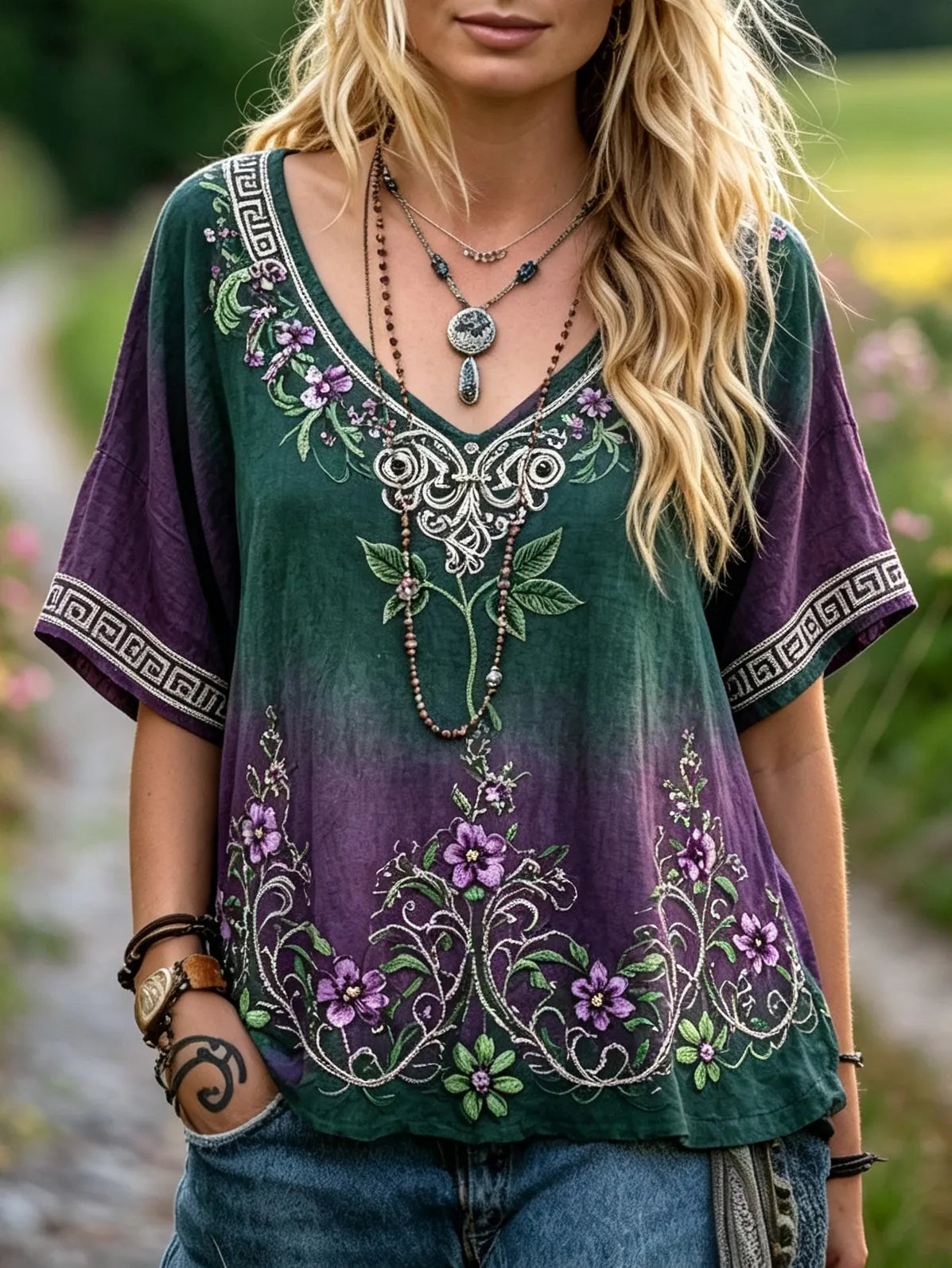 Women's Floral And Leaf Print Gradient Loose V-neck Short-sleeve T-shirt