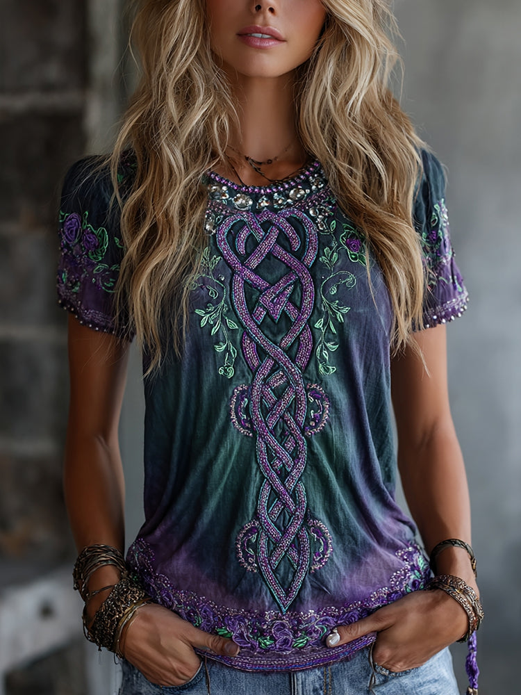 Women's Vintage Celtic Knot Floral Gradient Art Flowy Linen Blend Casual Tops