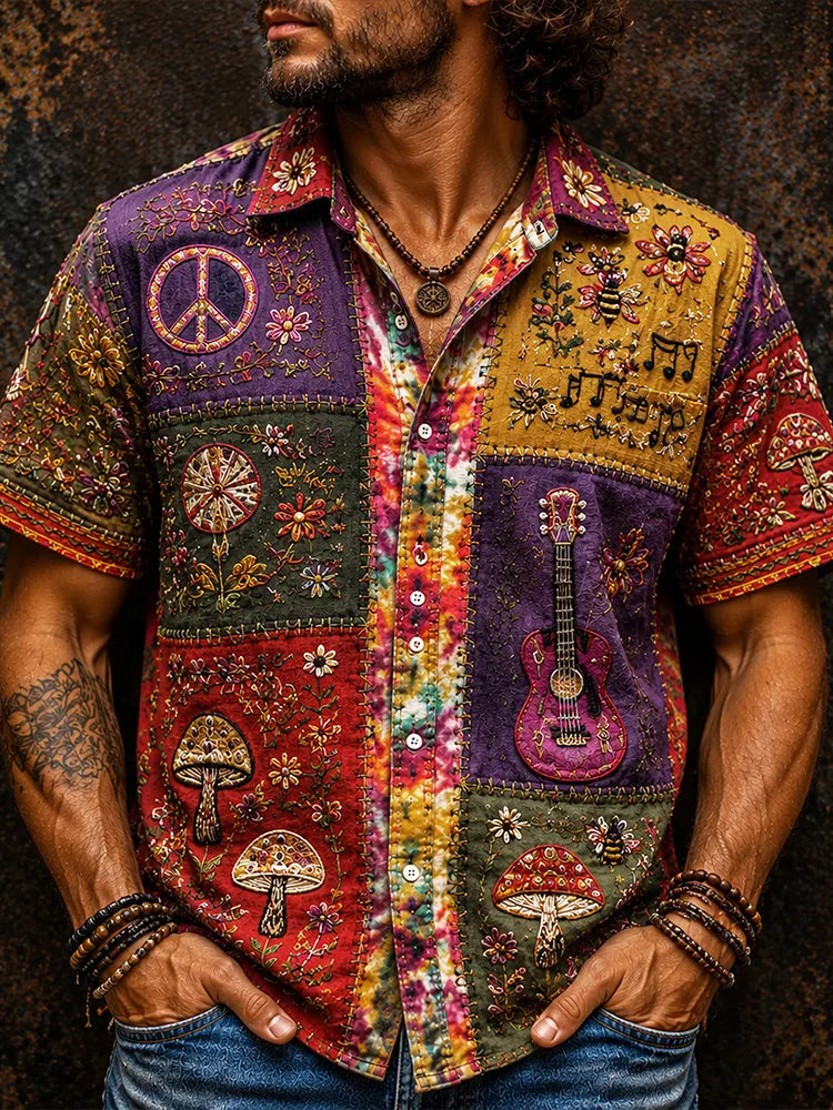 Men's Vintage Hippie Patchwork Mushroom Guitar Peace Sign Floral Embroidery Short Sleeve Blouse