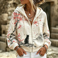 Women's Retro Plum Blossom Black Cat Print Zip-up Hoodie