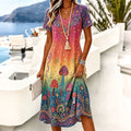 Women's Vacation Hippie Mushroom Floral V-neck Short-sleeve Cotton Linen Dress
