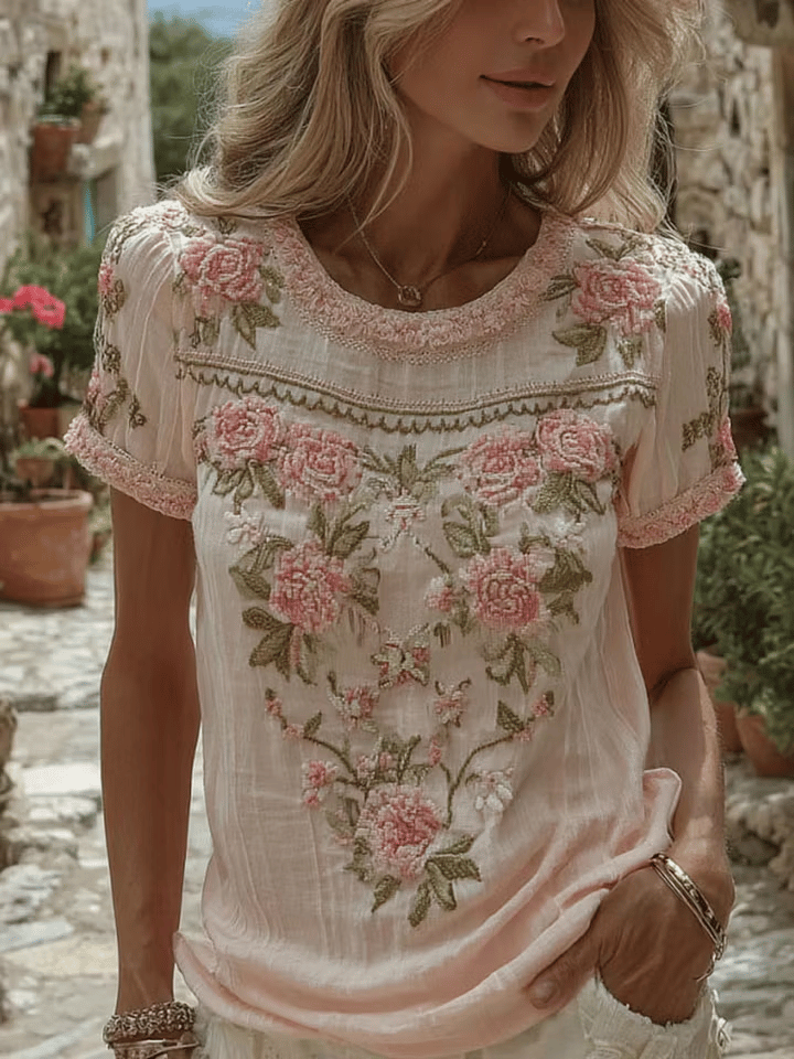 Women's Vintage Floral Breast Cancer Print Top